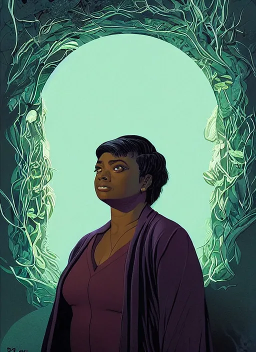 Image similar to poster artwork by Michael Whelan and Tomer Hanuka, Karol Bak of Octavia Spencer has a voice in her head, reality is a labyrinth, psychological thriller from scene from Twin Peaks, clean, simple illustration, nostalgic, domestic, full of details