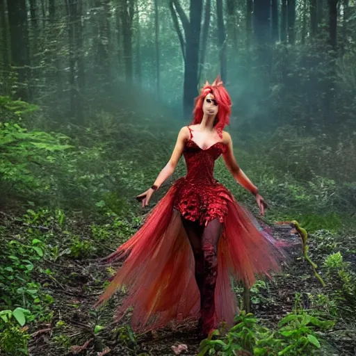 Image similar to a fierce fire fairy appearing suddenly in the middle of mysterious dark forrest full of creepy creatures