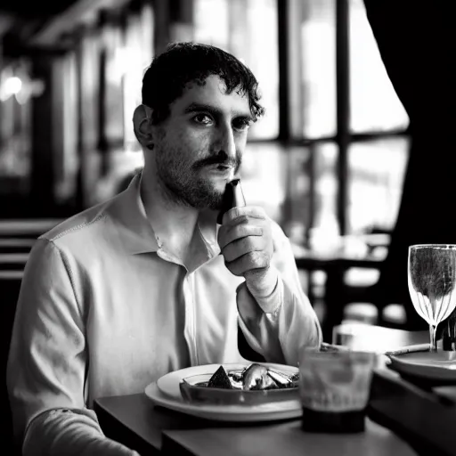 Prompt: portrait of a 3 0 years old frenchman in 2 0 2 0 at a restaurant. award winning photography, 5 0 mm, studio lighting, black and white.