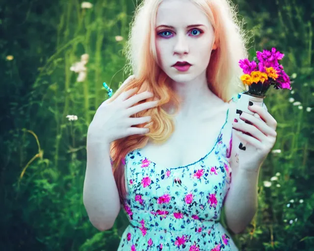 Prompt: pale young woman with bright blonde hair, freckles, blue eyes and a wide face, flowery dress, she is holding a professional dslr camera close to her face, dramatic lighting, bright flare, surreal art by anna nikonova