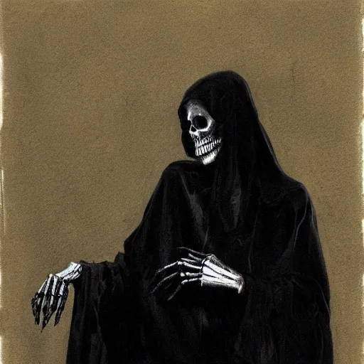 Image similar to portrait of death with hand extended, extreme hand detail, deep black robe, skeleton hand, by Maurice Sendak and Ilya Repin, artstation