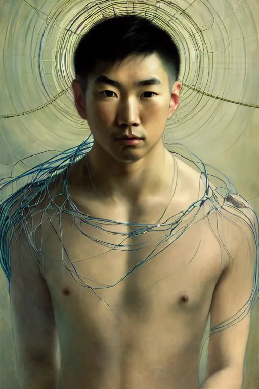 Prompt: hyperrealist portrait of an attractive angelic asian man, it is decorated with long wires that fall like vines and wears small computers over their body. by jeremy mann and alphonse mucha, fantasy art, photo realistic, dynamic lighting, artstation, poster, volumetric lighting, very detailed faces, 4 k, award winning