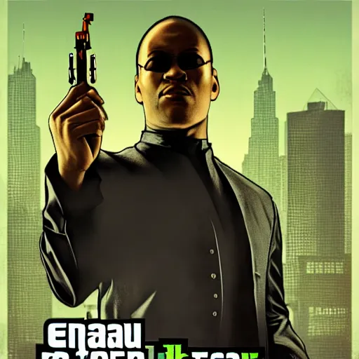 Image similar to Morpheus from the Matrix in GTA 5, cover art by Stephen Bliss, boxart, loading screen