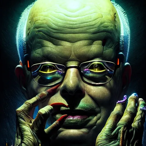 Prompt: uhd photorealistic dark scifi illustration of klaus schwab, reading necronomicon wearing bizarre voodoo makeup. cinematic lighting, in the style of akira toriyama, beksisnski, amano and karol bak, scifi, fantasy, hyperdetailed.