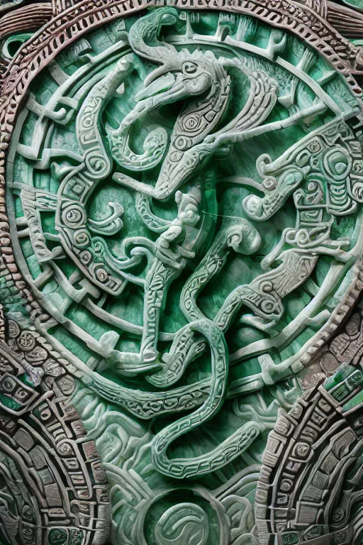 Image similar to aztec quetzalcoatl carved from translucent jade, dynamic pose standing on a marble pedestal, intricate details, intricate textures, warm lighting, vivid colors, smoke and mist, realistic octane render, hyper realistic render, volumetric shading, depth of field, raytracing, 8 k,