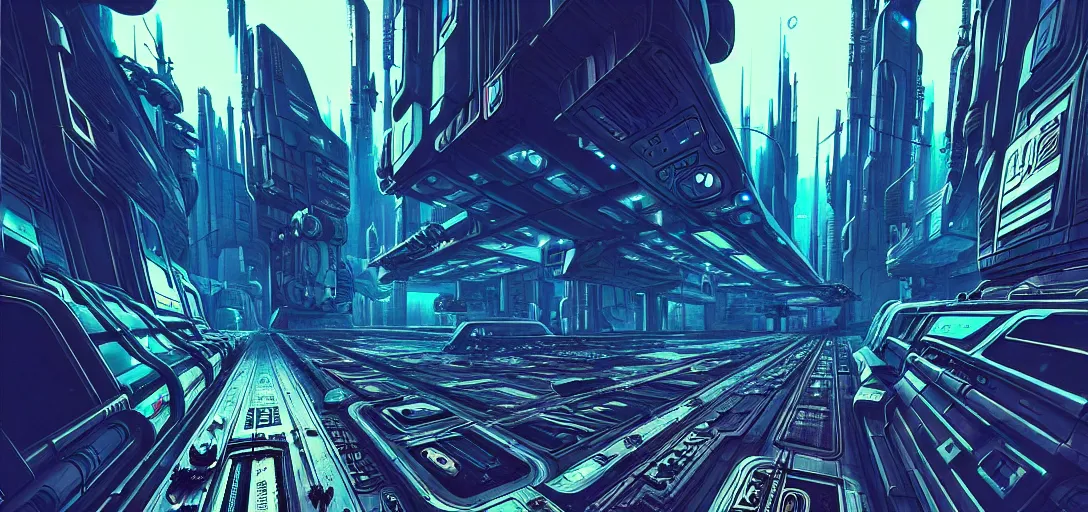 Image similar to cyberpunk mech spaceship flooring, one point perspective, high details, line art, by vincent di fate and joe fenton, inking, screen print, masterpiece, trending on artstation, sharp,, hyper - detailed, hd, 4 k, 8 k