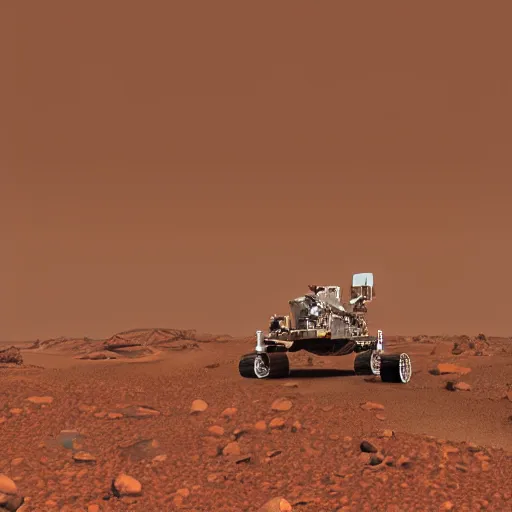 Image similar to pioneer robot un mars exploring a giant orange mountain during a sandstorm,