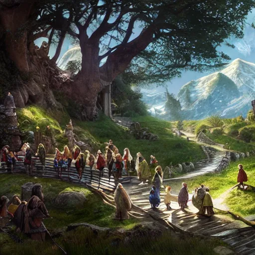 Image similar to hobbits with dwarves and a wizard walk along the bridge to rivendell, the elves warmly welcome them, very beautiful elves'settlements are visible in the trees in the distance, blue clear sky, vivid color, highly detailed, digital painting, artstation, matte, sharp focus, impressionnisme, art by shishkin and kuindzhi