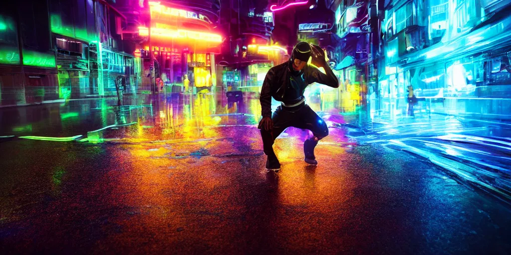 Image similar to slow motion film still of futuristic break dancer wearing dark suit with neon lights, long exposure shot , at night in the middle of a rainy street, paddle of water, water splashes, rim lights, glossy reflections, octane render, detailed and soft, by laurie greasley