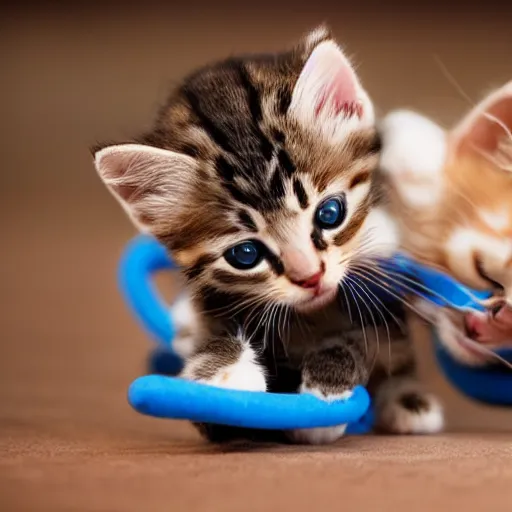 Prompt: a picture of two kittens playing tug o war over a toy mouse. one kitten had blue eyes while the other had brown ones. their fur looked soft and fluffy.