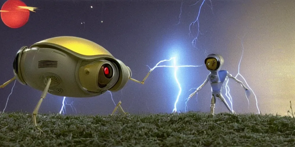 Prompt: lightning bug descendant 1 million in the future has hands and a mouth with big eyes. the bug wears a spacesuit, and explores the cosmos in a spaceship. science fiction blockbuster movie bugs save the planet or the bug from saturn, silent running ( film ), sttng ( television ), arrival ( film ), lightyear ( film )