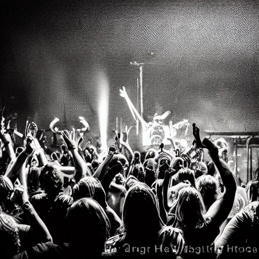 Prompt: heavy metal concert, crazy crowd, chiaroscuro lighting, black and white