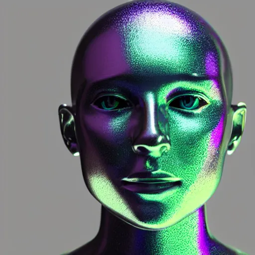 Image similar to 3d render of holographic human robotic head made of glossy iridescent, surrealistic 3d illustration of a human face non-binary, non binary model, 3d model human, cryengine, made of holographic texture, holographic material, holographic rainbow, concept of cyborg and artificial intelligence