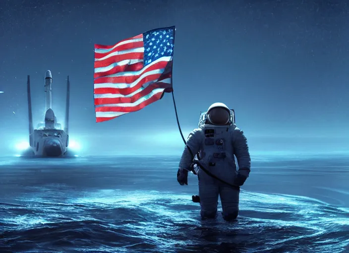 Image similar to astronaut holding a flag in an underwater desert. a submarine is visible in the distance. dark, concept art, cinematic, dramatic, atmospheric, 8 k, trending on artstation, blue, fish, low visibility, fog, ocean floor, christopher nolan, interstellar