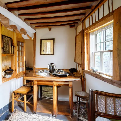Image similar to photo of interior of historic cozy stone cottage, english and japanese, nature theme