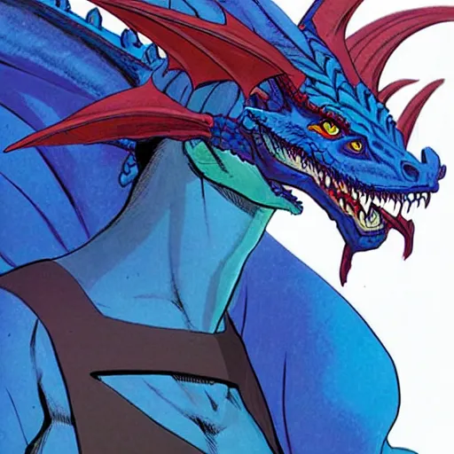 Image similar to head and shoulders porrtrait of a medieval fantasy anthropomorphic blue dragon - human hybrid with electrcity magic, fantasy, d & d, high details, art by phil noto and frank miller