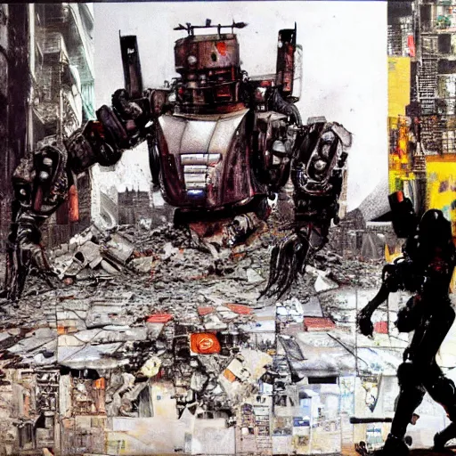 Image similar to a full-metal robot walks around the devastated downtown of Santiago of Chile, oil on canvas by Yoji Shinkawa and Dave McKean