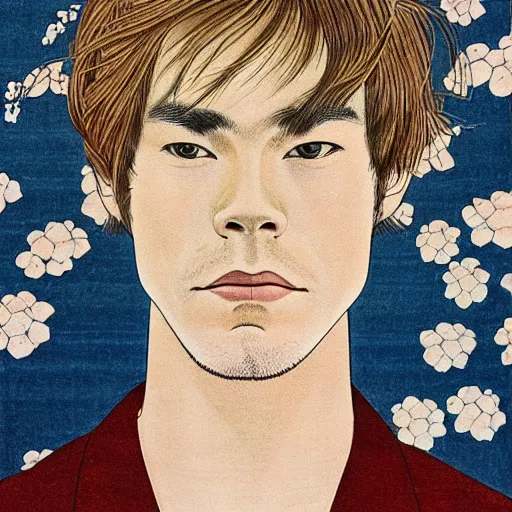 Prompt: michael c hall portrait by ikenaga yasunari and ayana otake and ko rakusui, 6 0 s poster, drawing, realistic, sharp focus, japanese, dreamy, nostalgia, faded, golden hues, floral clothes