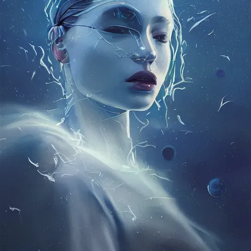 Prompt: sci - fi, close - up, 3 d, moon rays, night, sleepy fashion model face, cinematic, clouds, sun rays, vogue cover style, poster art, blue mood, realistic painting, intricate oil painting, high detail illustration, figurative art, multiple exposure, by tooth wu and wlop and beeple and greg rutkowski