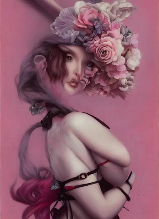 Prompt: pop surrealism, lowbrow art, realistic seductive woman painting, pink body harness, hyper realism, muted colours, rococo, natalie shau, loreta lux, tom bagshaw, mark ryden, trevor brown style,