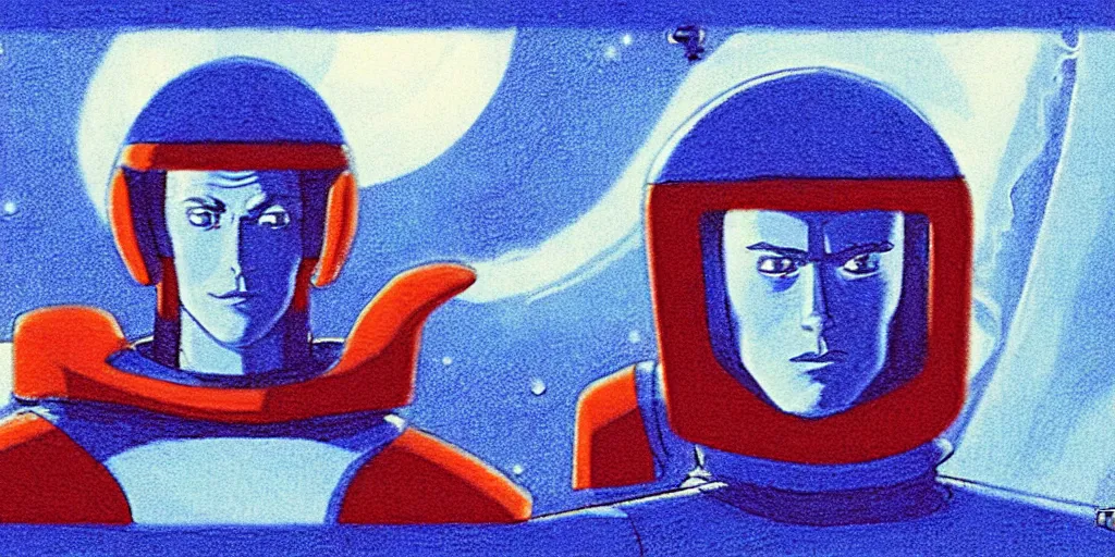 Image similar to blue orange traditional drawn colorful animation a symmetrical portrait of lonely single Alain Delon Stallone Clint Eastwood alone pilot in posing in spaceship station planet captain bridge outer worlds robots extraterrestrial hyper contrast well drawn Metal Hurlant Pilote and Pif in Jean Henri Gaston Giraud animation film The Masters of Time FANTASTIC PLANET La planète sauvage animation by René Laloux