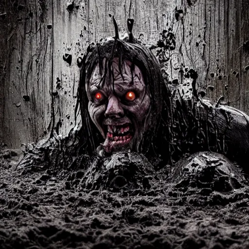 Image similar to 8 k photo of a horror villain stuck in mud, he is sad that his dark clothes are muddy.