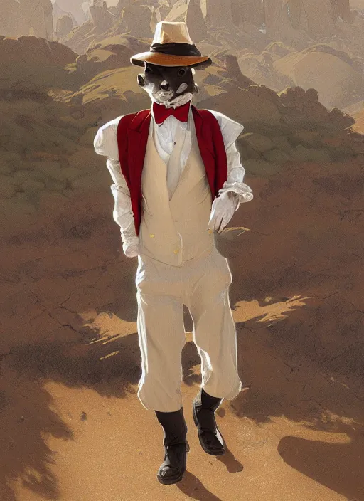 Image similar to Character portrait of a happy furry anthro stoat wearing a white dress shirt, tan vest, red bowtie, and black slacks in the desert wilderness, intricate, elegant, highly detailed, digital painting, artstation, concept art, smooth, sharp focus, illustration, art by Krenz Cushart and Artem Demura and alphonse mucha