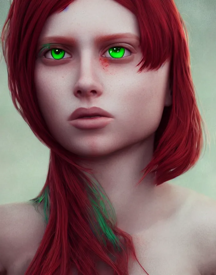 Image similar to girl portrait. red hair, green eyes. intricate artwork. octane render, trending on artstation, very coherent symmetrical artwork. cinematic, hyper realism, high detail, octane render, 8k, matte painting, 3d