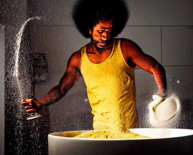 Image similar to A man with an afro mixes flour and oil then pours it down the drain, dynamic lighting, photograph