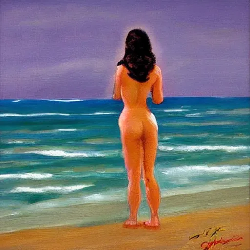 Image similar to of paintings of woman on the beach in the style of jack vettriano