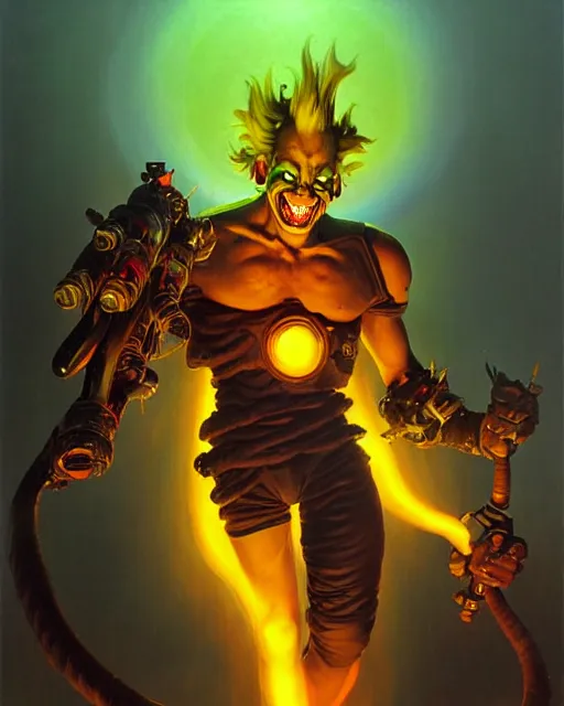 Image similar to junkrat from overwatch, fantasy art, sci - fi art, radiant light, caustics, by boris vallejo