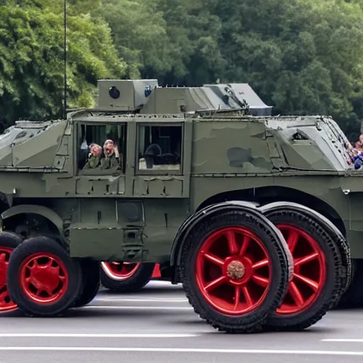 Prompt: queen victoria watching a parade of military vehicles, cloudy day