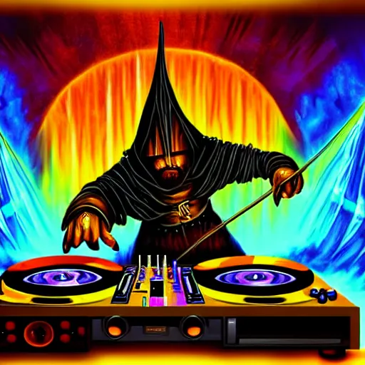 Image similar to fantasy painting of a dj set with turntable in a fantasy dungeon in the style of dnd,