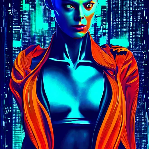 Image similar to silhouette of Leeloo from the 5th Element dodging laser beams, stormy weather, extremely detailed masterpiece, oil on canvas, low-key neon lighting, artstation, Blade Runner 2049, Roger Deakin’s cinematography, by J. C. Leyendecker and Peter Paul Rubens,