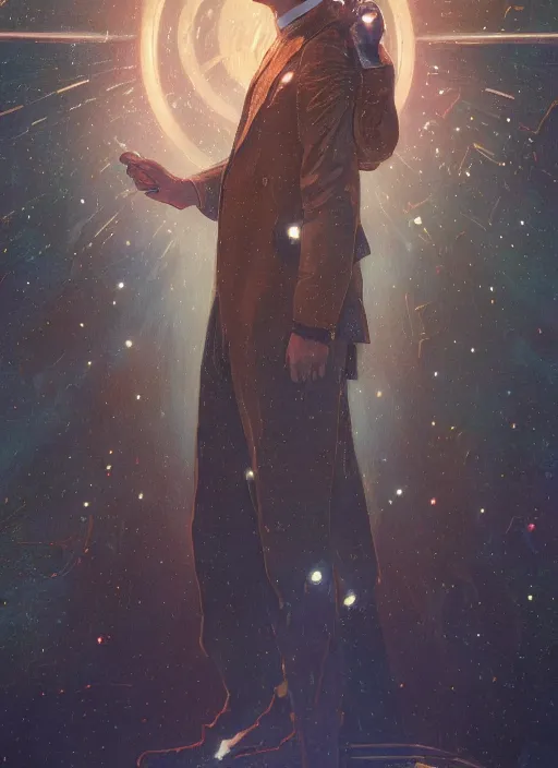 Image similar to JOJI wearing a luxurious suit with lighting and Thunder coming out of him, posing, sigma male, close up, interstellar backdrop, portrait art by alphonse mucha and greg rutkowski, highly detailed, digital painting, concept art, illustration, dim lighting with twilight rays of sunlight, trending on artstation, very detailed, smooth, sharp focus, octane render, close up