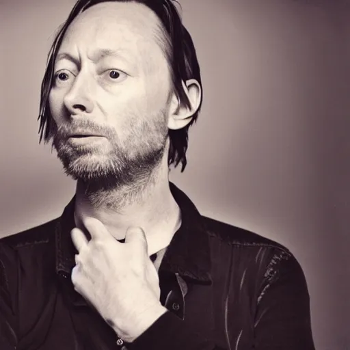 Image similar to Radiohead's Thom Yorke, with a beard and a black shirt, a computer rendering by Martin Schoeller, cgsociety, de stijl, uhd image, tintype photograph, studio portrait, 1990s, calotype
