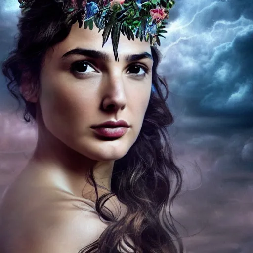 Image similar to fine art, long shot photo of the beauty goddess gal gadot, she has a crown of mesmerizing flowers, she is arriving heaven, background full of stormy clouds, by hr giger