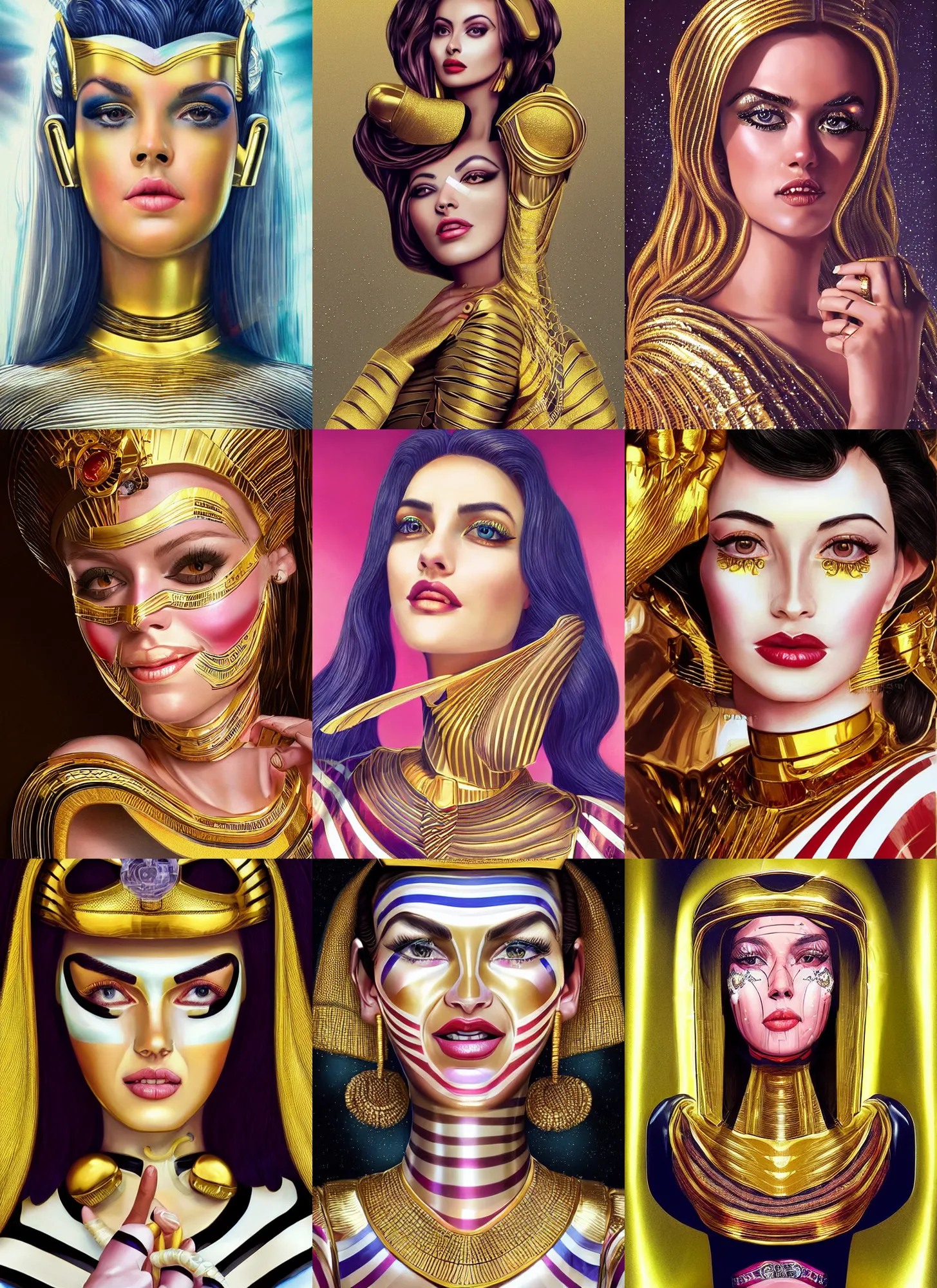 Prompt: stunning android woman portrait dressed in an golden silk outfit with ornate white stripes, 9 0 s look, egypt makeup, smiling, cute nose, retro, beautiful lights, vintage look, hyper realistic, illustration, airbrush, 8 k, intricate, duo tone, art by david la chapelle and philip castle, artgerm