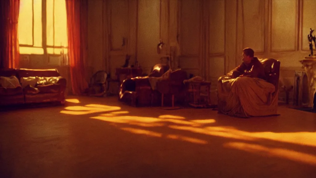 Image similar to the giant hand made of wax waits in the living room, film still from the movie directed by Wes Anderson with art direction by Zdzisław Beksiński, golden hour wide lens