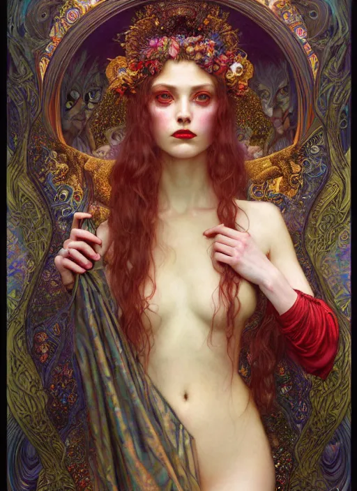 Image similar to hyper detailed masterpiece vampire girl duchess by donato giancola and tom bagshaw, face by artgerm and edmund leighton, and alphonse mucha, trending on artstation, colorful, psychedelic aesthetic, ornate, background by gustav klimt, 8 k, black gothic, majestic, volumetric lighting, porcelain skin, concept art, sharp focus