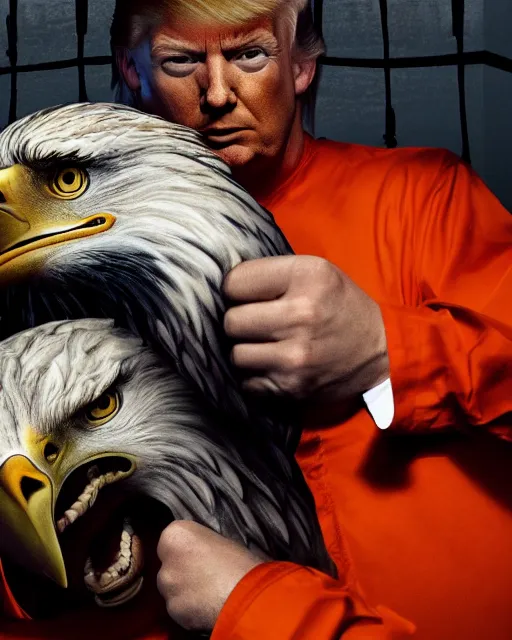 Image similar to Medium shot photo of eagles biting Donald Trumps head in jail, wearing orange pajamas, octane, dramatic lighting, editorial photo, 35mm, very detailed