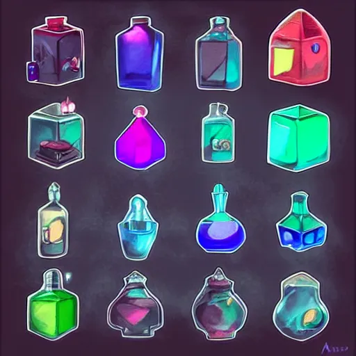 Prompt: square icons of potion bottles of various colors with a glowing crystal floating inside, game asset set, art by artgerm and ross tran