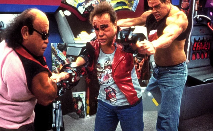 Prompt: the terminator fighting danny devito up in the chuck e cheese