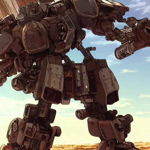 Prompt: anime style battlemech, post-apocalyptic, high-tech, hulking, wide shot, desert background, highly detailed, artstation, concept art, sharp focus, illustration, art by yoshiyuki tomino, red brown and blue color scheme