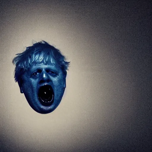 Image similar to photo of dark blue rainy bedroom window at night, dimly lit creepy | screaming face of boris johnson staring in through the window, bloody hands, horror, scary face, demonic face,