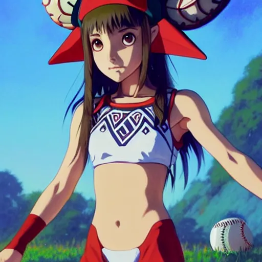 Image similar to beautiful boyish natalie portman gravure model in majora's mask, wearing wooden mask and baseball cap and leotard, street wear with subtle mayan patterns, aztec bathing suit, gapmoe yandere grimdark, trending on pixiv fanbox, painted by greg rutkowski makoto shinkai takashi takeuchi studio ghibli, akihiko yoshida