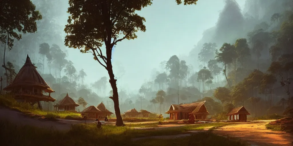 Image similar to establishing shot of a kerala village, architectures by zaha hadid, an epic fantasy, dramatic lighting, cinematic, extremely high detail, photorealistic, cinematic lighting, matte painting, artstation, by simon stalenhag, horizon forbidden west