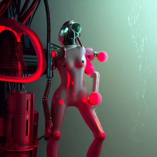 Prompt: stylised 3d render specular hazy wet steam robot girl, silicone girl futuristic machine in misty haze red neon 4k