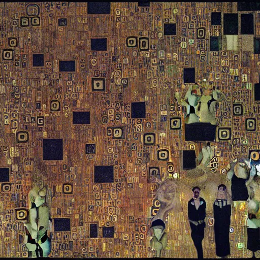 Prompt: award winning photography of mutant humans attacking an occult meeting in the style of Gustav Klimt