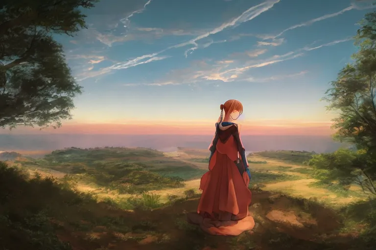 Prompt: anime teen in renaissance dress looks to beautiful horizon, rock, trees, lit by sunset, polaroid, 4k, 8k, hd, high-detailed, artstation trending, award winning